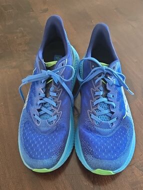 Hoka Blue Athletic Running Shoes with Green Accents